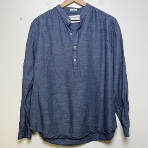 Cottonworld Women Linen Cotton Popover Top Large Blue Lagenlook Coastal Parisian